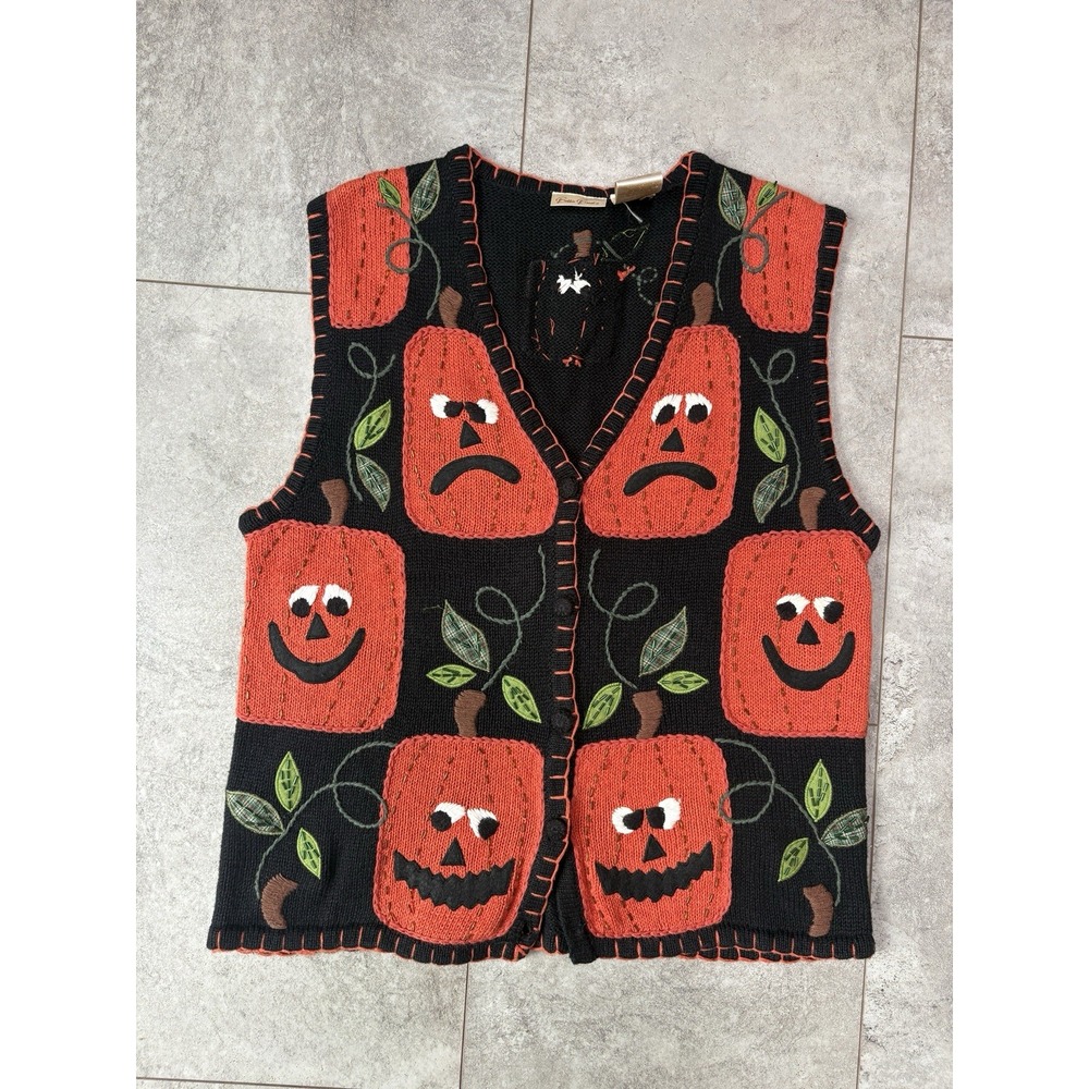 Vintage Bobbie Brooks Pumpkin Vest Embroidered Halloween Fall Harvest Y2K Spooky